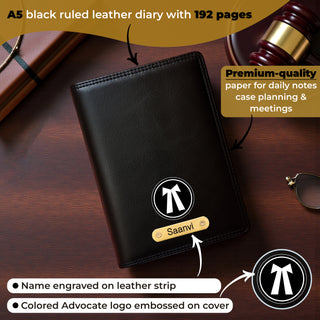 Customized Black Leather Diary with Colored Advocate Logo & Name Engraved Pen.