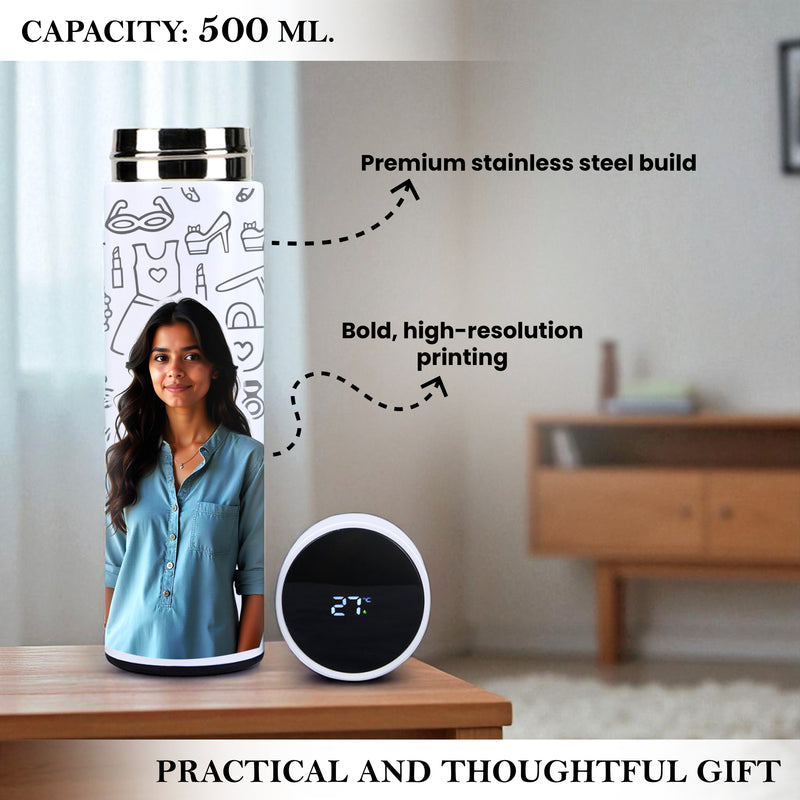 White Temperature Bottle – Personalized with Photo, Logo, or Wishes, 500 ML