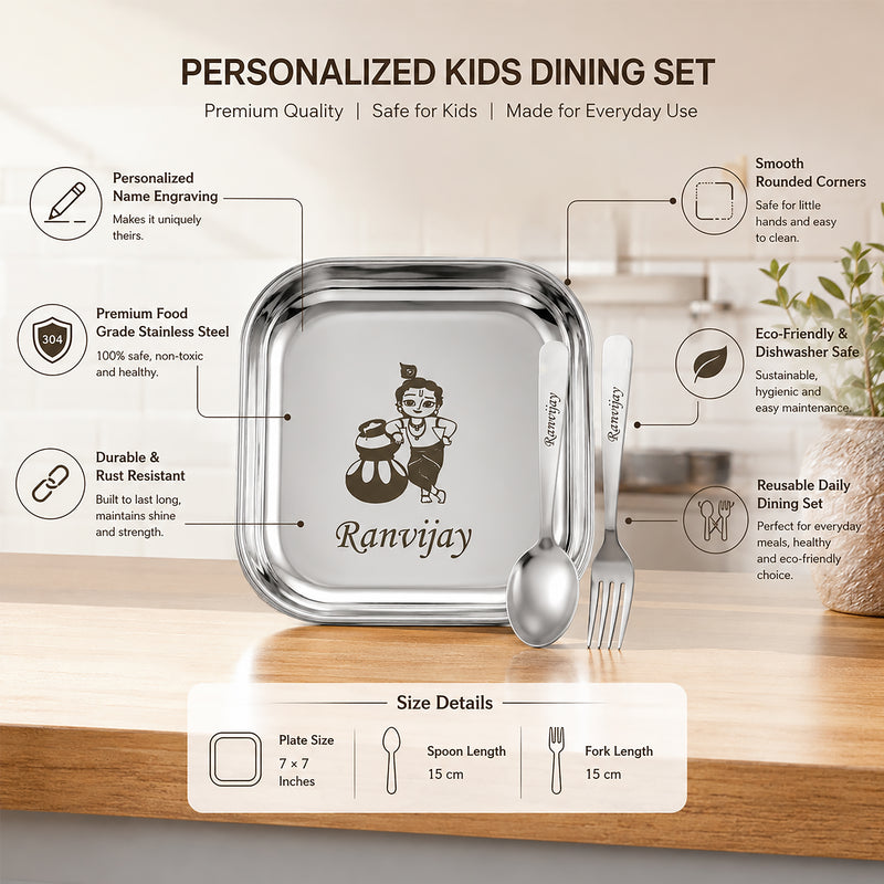 Kids Square Plate with Name & Cartoon Character Engraved