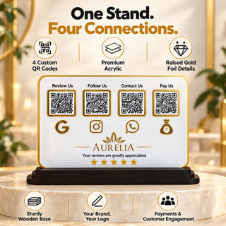 4-in-1 QR Code Standee 10×7 Inch Horizontal|Acrylic Google Review, Instagram, WhatsApp & UPI Payment