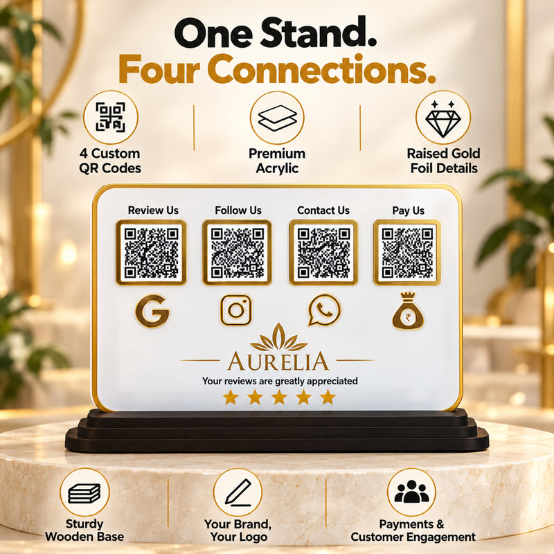 4-in-1 QR Code Standee 10×7 Inch Horizontal|Acrylic Google Review, Instagram, WhatsApp & UPI Payment