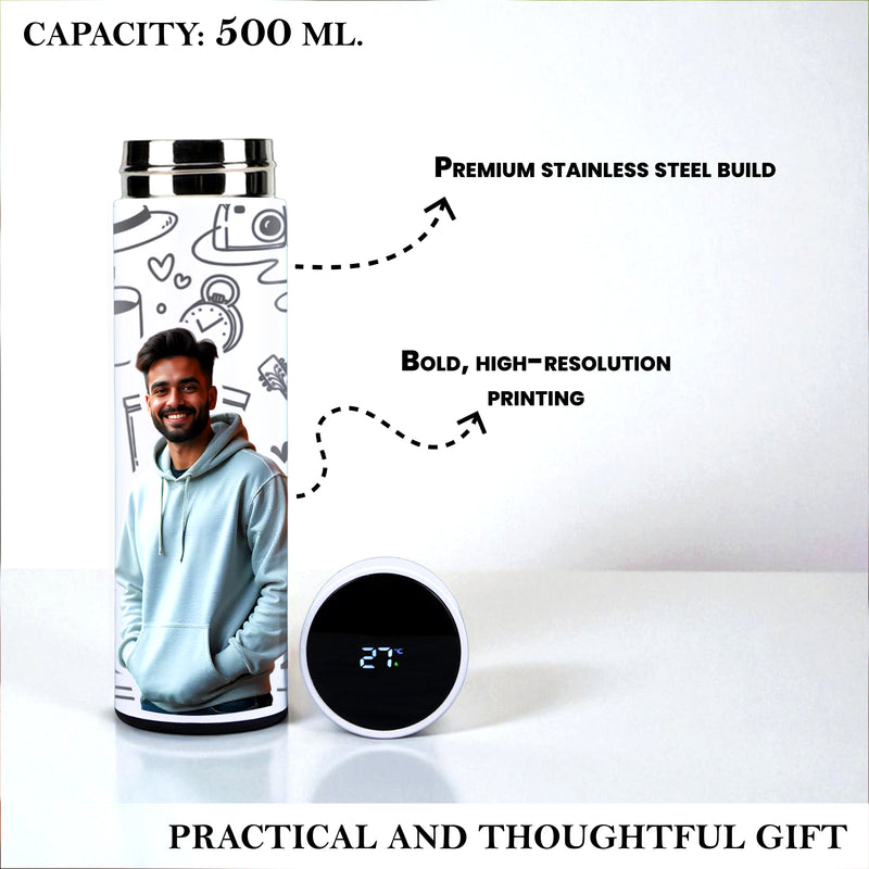 White Temperature Bottle – Personalized with Photo, Logo, or Wishes, 500 ML