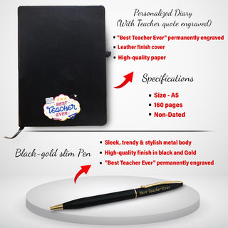 Teacher's Day Gift Set: Engraved Pen, Elegant Stand with Clock, & A5 Diary.