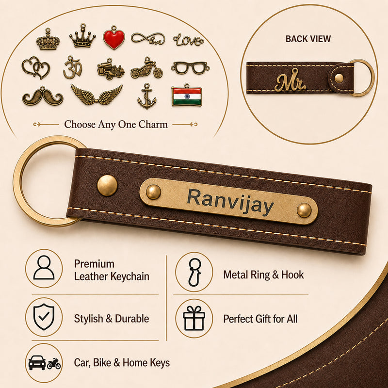 Customized Leather Keychain with Name & Charm | Personalized Keychain with Hook for Bike, Car & Home Keys