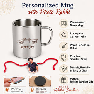 Customized Steel Mug with Name & Car Design Print and Customized Photo Caricature Rakhi.