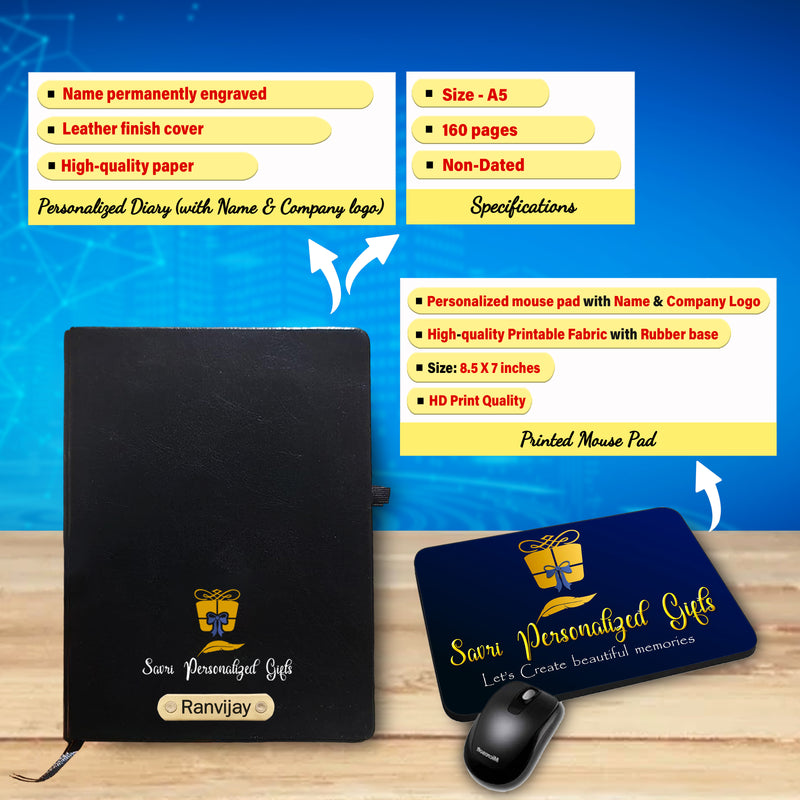 Custom Corporate Gift Set - Pen, Keychain, Bottle, Diary, Mouse Pad & T-Shirt.