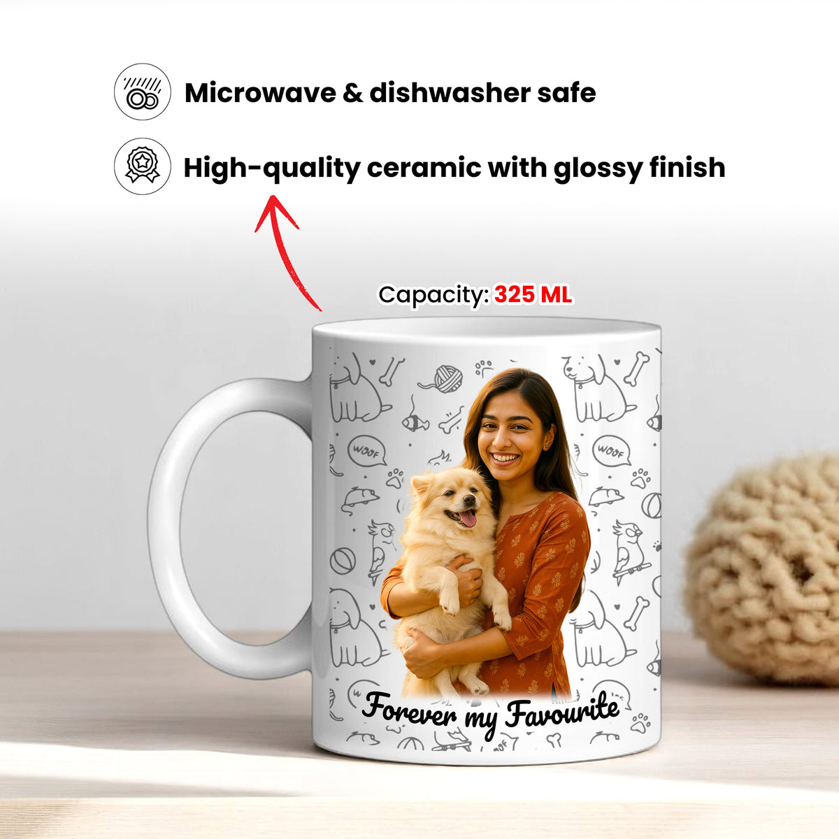 Custom Dog Name & Photo Printed Ceramic Mug with Keychain.