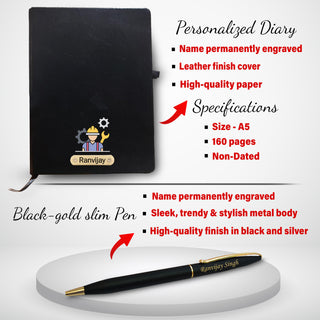 Customized Engineer's Combo Set-Slim Pen, Pen Stand with (Engineer Logo),& A5 Black Diary