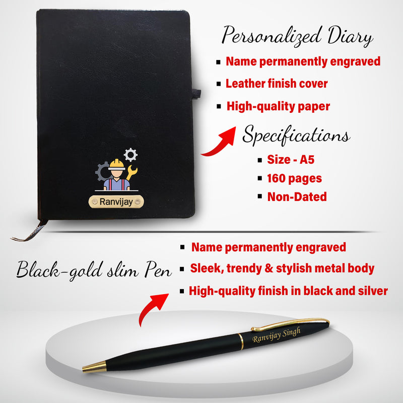 Customized Engineer's Combo Set-Slim Pen, Pen Stand with (Engineer Logo),& A5 Black Diary