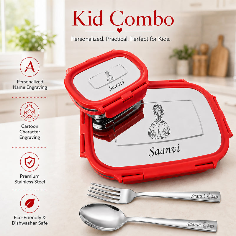 Customized Kids Combo: Photo Bottle & Name Engraved Steel Lunch Box.