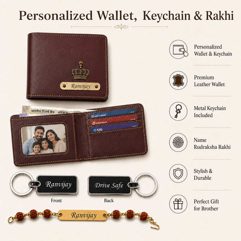 Customized Rakhi Gift for Brother | Personalized Men's Leather Wallet with Name & Charm,Personalized Metal Keychain & Rudraksha Rakhi with Name