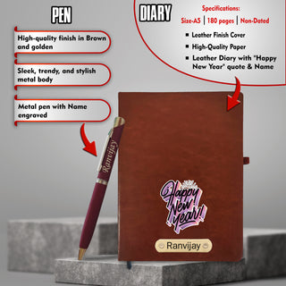 Customized New Year Hamper Combo (Brown) - Infinity Calendar, Slim Pen & Leather Diary