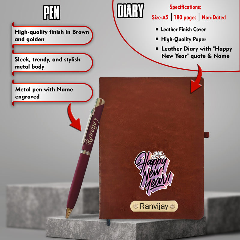 Customized New Year Hamper Combo (Brown) - Infinity Calendar, Slim Pen & Leather Diary