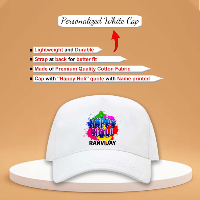 White Holi Cap with Name Printed – Happy Holi Festival Cap for Men & Women