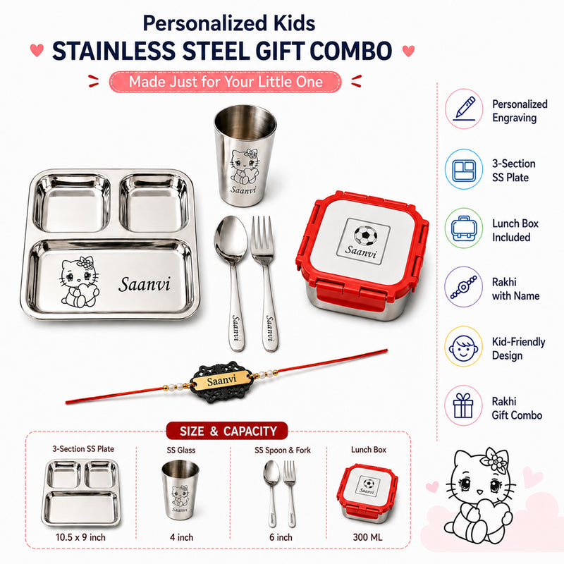 Customized Rakhi Gift Set | Custom Name Engraved 3 Compartment Steel Plate, Lunch Box & Foil Rakhi.