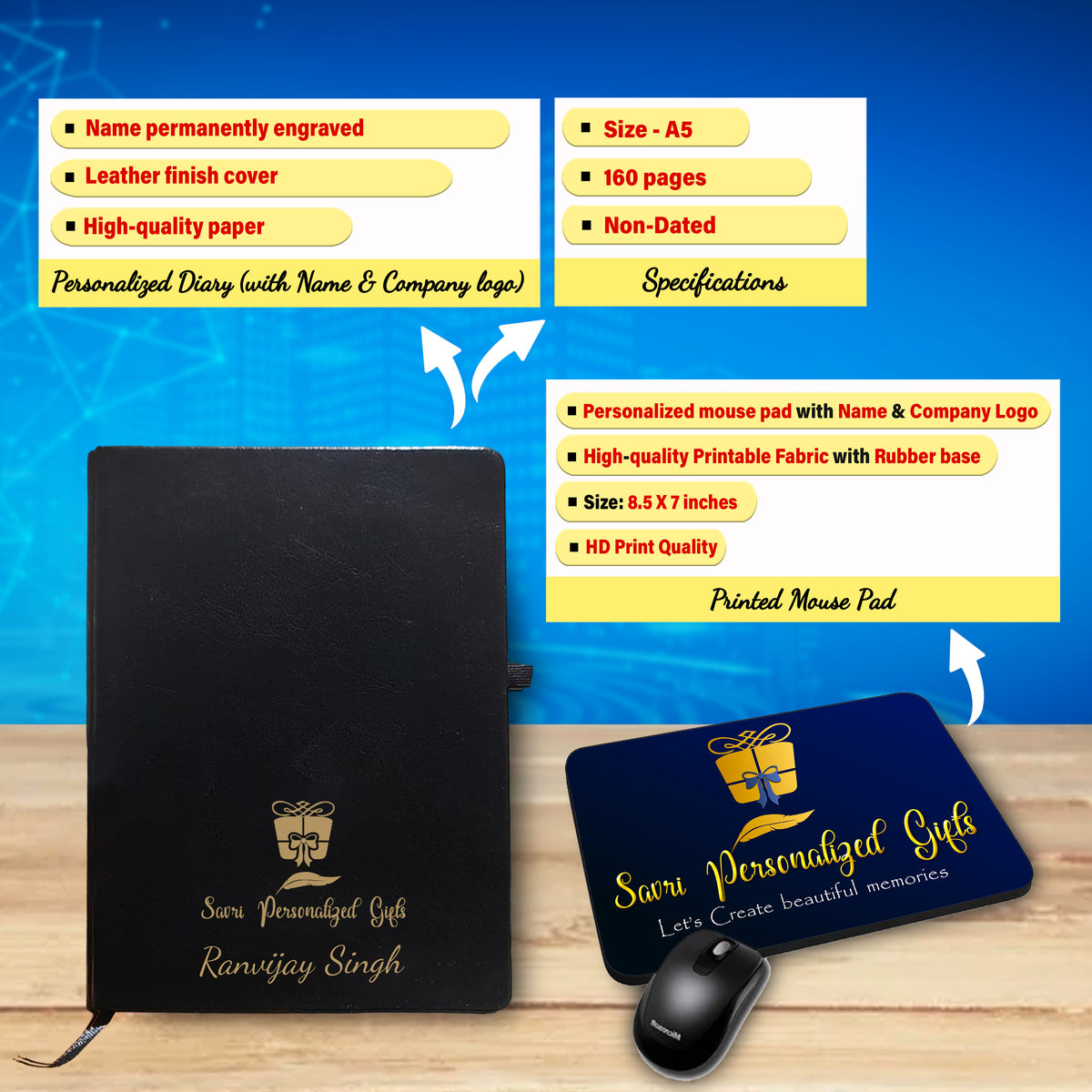 Custom Corporate Gift Set - Pen, Keychain, Bottle, Diary, Mouse Pad