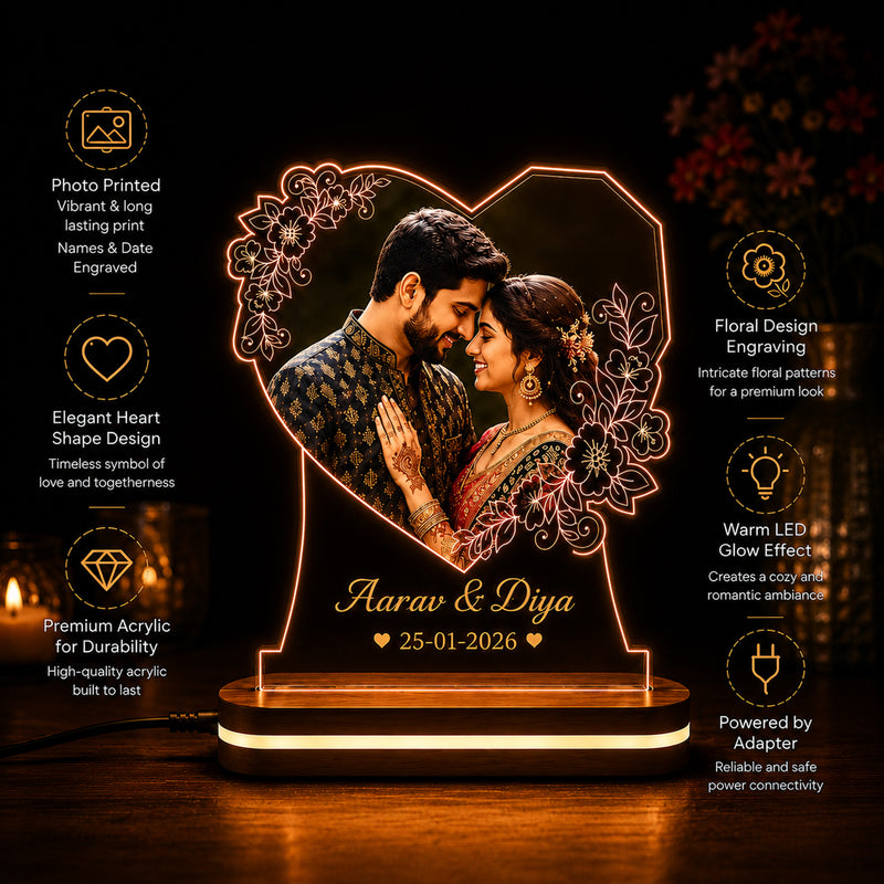Personalized Acrylic Heart LED Photo Frame 6x8 Inch – Customized HD UV Printed Photo Acrylic Night Light with Name & Date