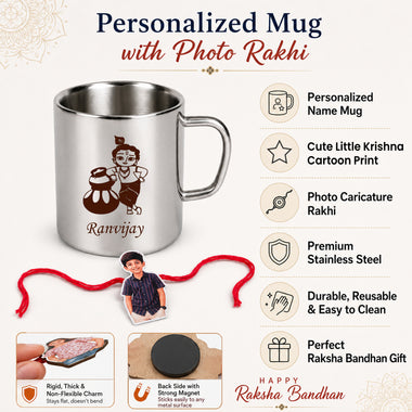 Customized Steel Mug with Name & Little Krishna Cartoon Print and Customized Photo Caricature Rakhi.