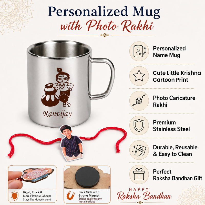 Customized Steel Mug with Name & Little Krishna Cartoon Print and Customized Photo Caricature Rakhi.