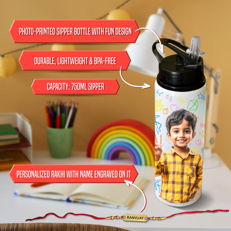 Rakhi Gift Set for Kids – Name Engraved Lunch Box, Photo Printed Water Bottle & Custom Foil Rakhi