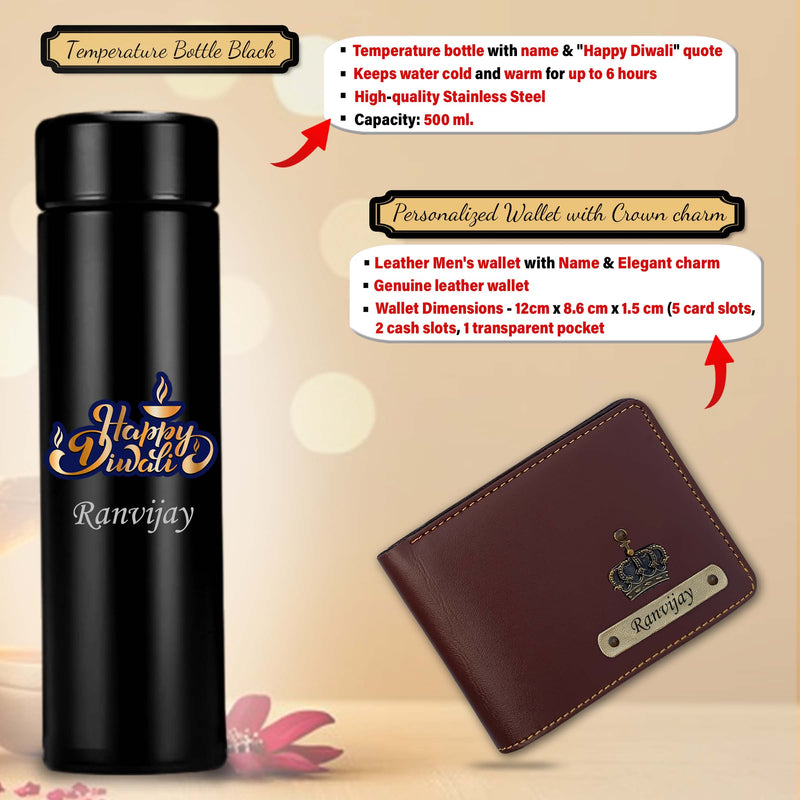 Diwali Gift Set for Men – Leather Wallet, Keychain, Bottle, Custom Pen With Dry Fruits & Diyas.