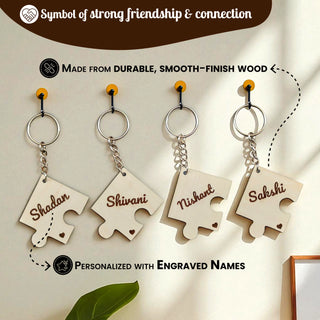 Personalized Gifts – Wooden Puzzle Best Friend Keychain Set of 4 | Custom Engraved Names.
