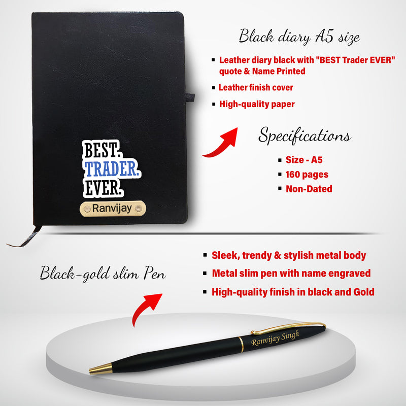 Customized Trader Gift Set – Black-Gold Slim Pen, Pen Stand with Clock