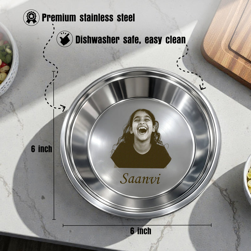 Personalized Kids Stainless Steel Round Plate – Custom Laser Photo & Name Engraved