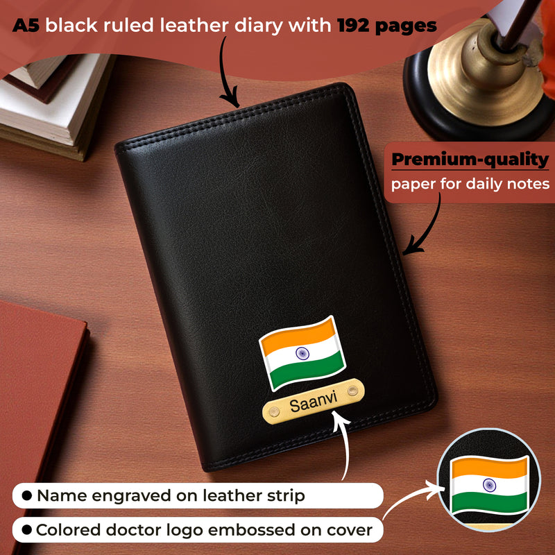 Customized Black Leather Diary with Indian Flag-Colored Design & Name Engraved Pen.