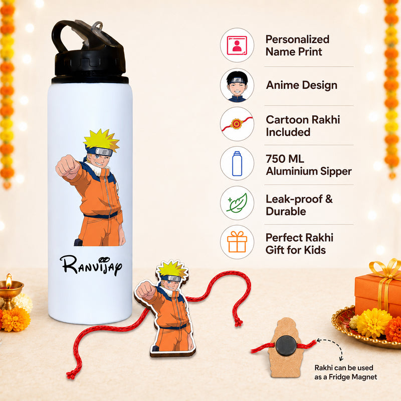 Customized 750 ML Aluminium Sipper Bottle with Name & Favourite Cartoon Print & Personalized Cartoon Caricature Rakhi (Copy) (Copy) (Copy)