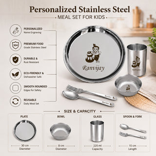 Customized Stainless Steel Meal Set with Name and Cartoon Character Engraved.