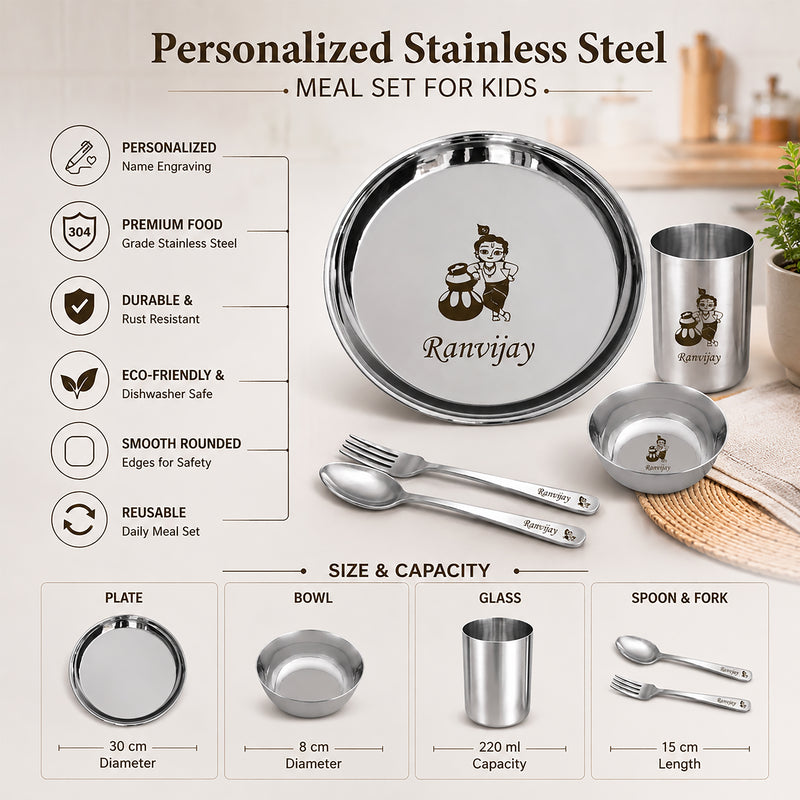 Customized Stainless Steel Meal Set with Name and Cartoon Character Engraved.