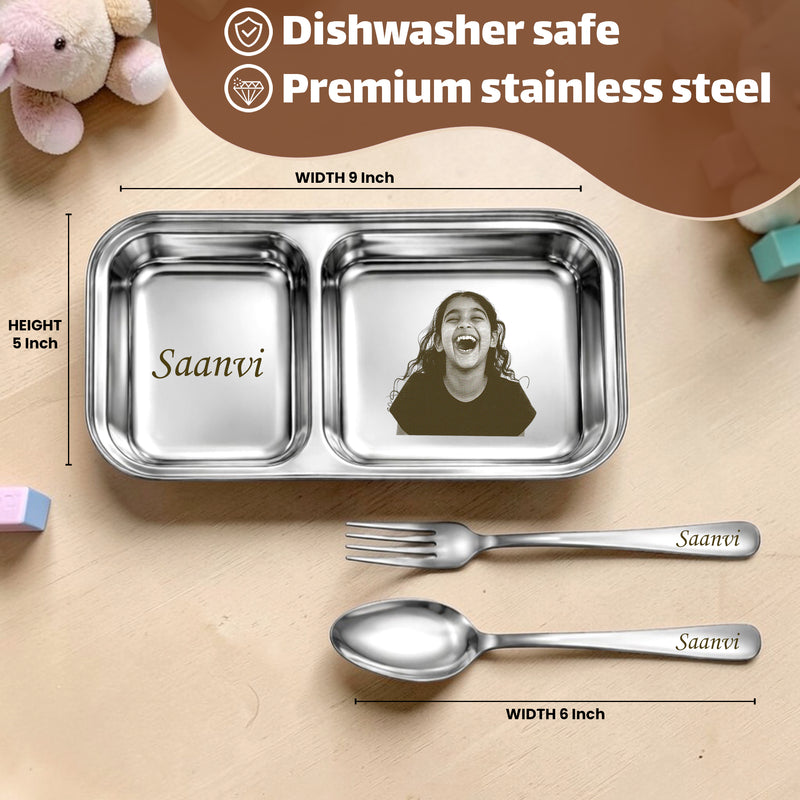 Customized Stainless Steel 2-Compartment Plate with Photo & Name | Kids Pav Bhaji Plate Set with Spoon & Fork