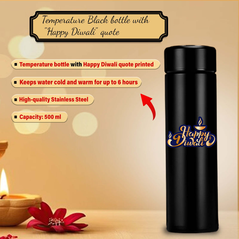 Personalized Gift Set for Women for Diwali – Clutch, Leather Keychain, Metal Pen, Black Bottle with 'Happy Diwali' Quote