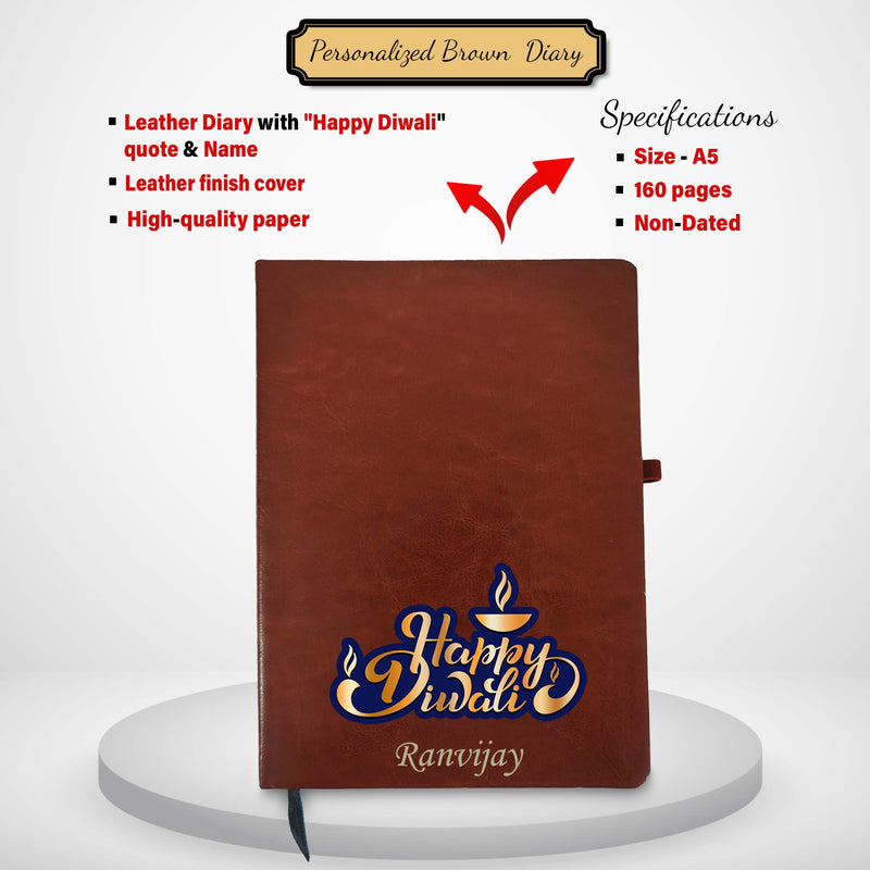 Personalized Diwali Gift Set – Leather Diary, Pen, Dry Fruit Jar & Diyas.