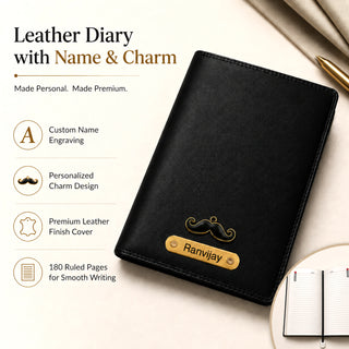 Customized Leather A5 Journal Diary with Name & Charm Engraved.