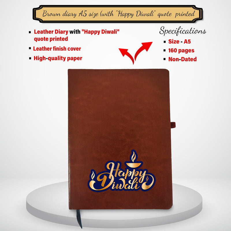 Diwali Gift Set - Leather Diary, Engraved Pen, Dry Fruit Jar & Diyas.