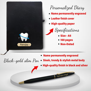 Customized Dentist Professional's Set- Black-Gold Slim Pen, Pen Stand 1.0 with Date & Clock (Dentist Logo), and A5 Black Diary