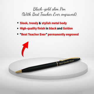 Premium Teacher’s Day Combo: Black-Gold Pen & Elegant Stand Quote Engraved.