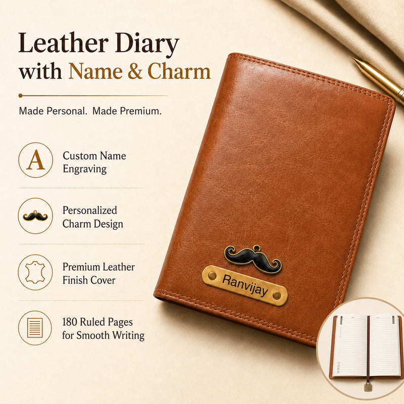 Customized Leather A5 Journal Diary with Name & Charm Engraved.