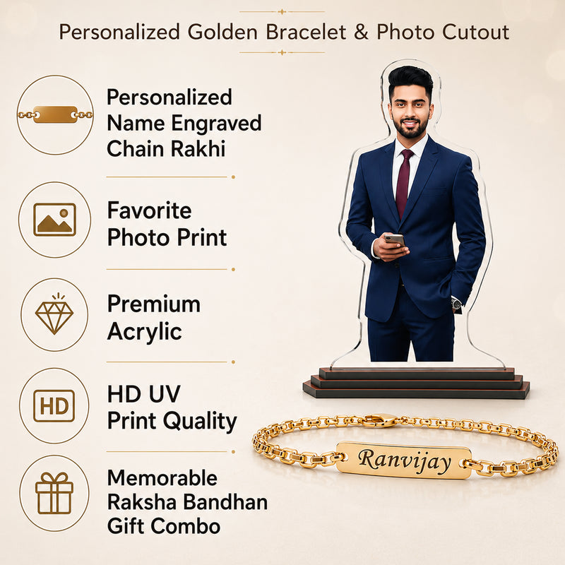 Customized Chain Rakhi with Name Engraving & Customized 6 x 8 Inch Acrylic Photo Cutout with Favourite Picture Printed
