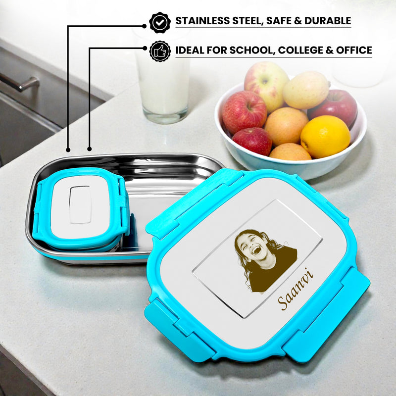Personalized Stainless Steel Lunch Box for Kids (Blue) – Customized Laser Photo & Name Printed Tiffin Box