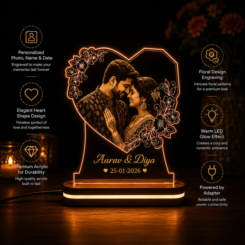 Personalized Heart LED Photo Lamp 6x8 Inch – Customized Engraved Acrylic Night Light for Couples