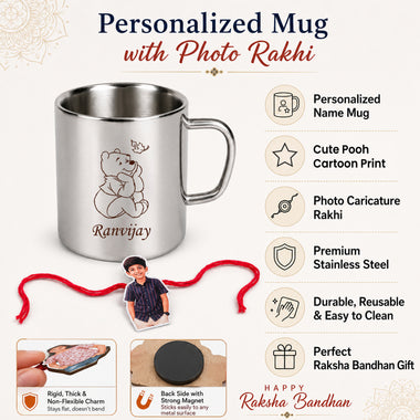 Customized Steel Mug with Name & Pooh Cartoon Print and Customized Photo Caricature Rakhi
