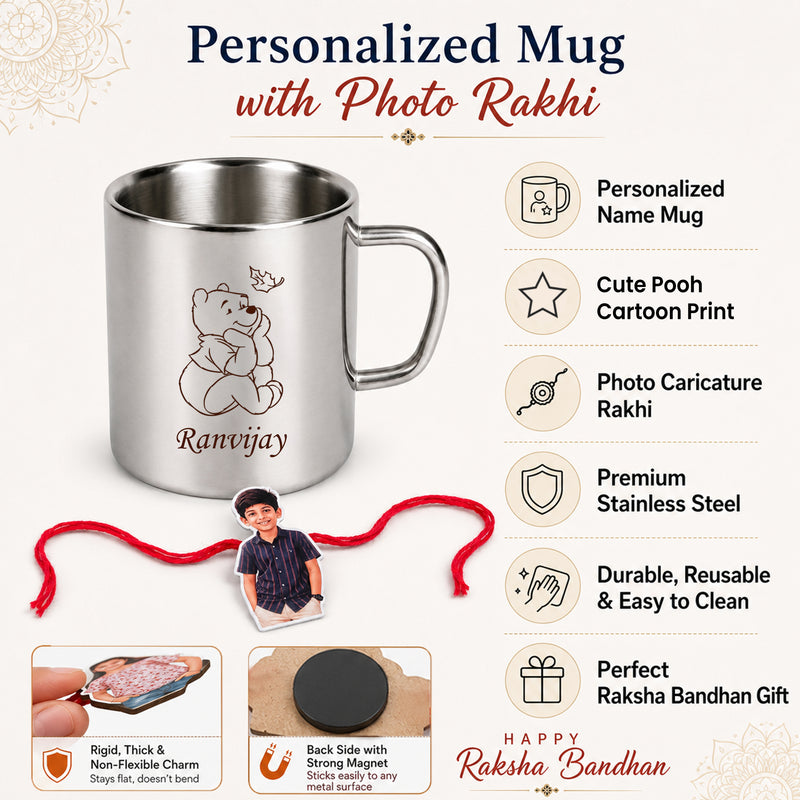 Customized Steel Mug with Name & Pooh Cartoon Print and Customized Photo Caricature Rakhi
