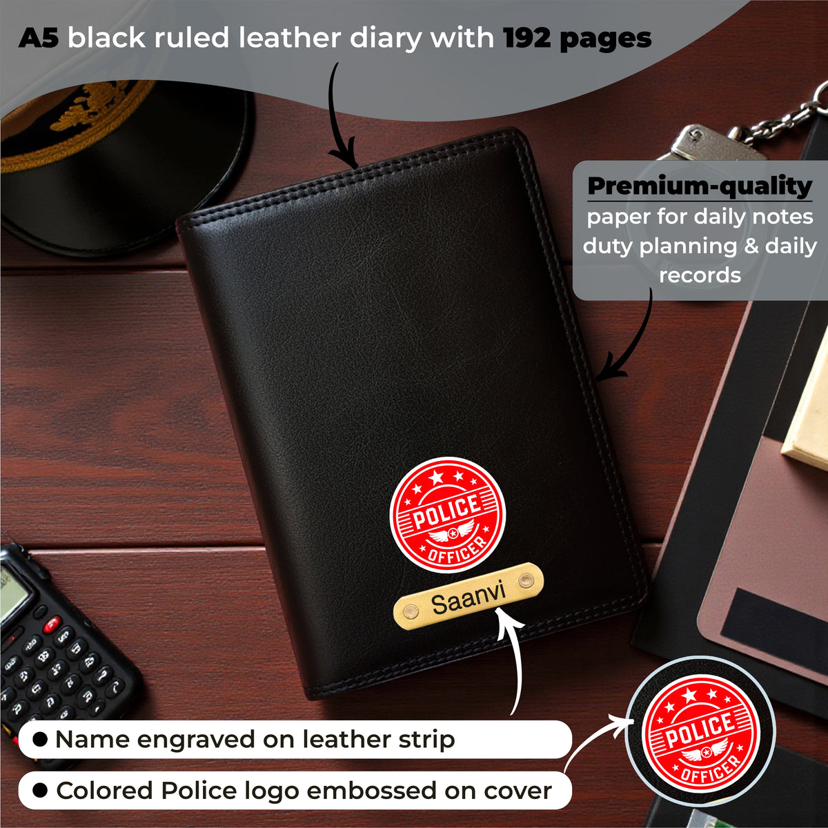 Customized Black Leather Diary with Coloured Police Logo & Name Engrav