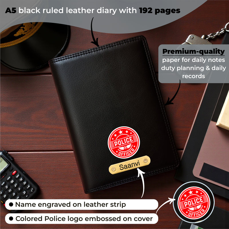 Customized Black Leather Diary with Coloured Police Logo & Name Engraved Pen.