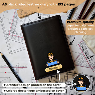 Customized Black Leather Diary with Coloured Logo Embossed & Name Engraved Pen.