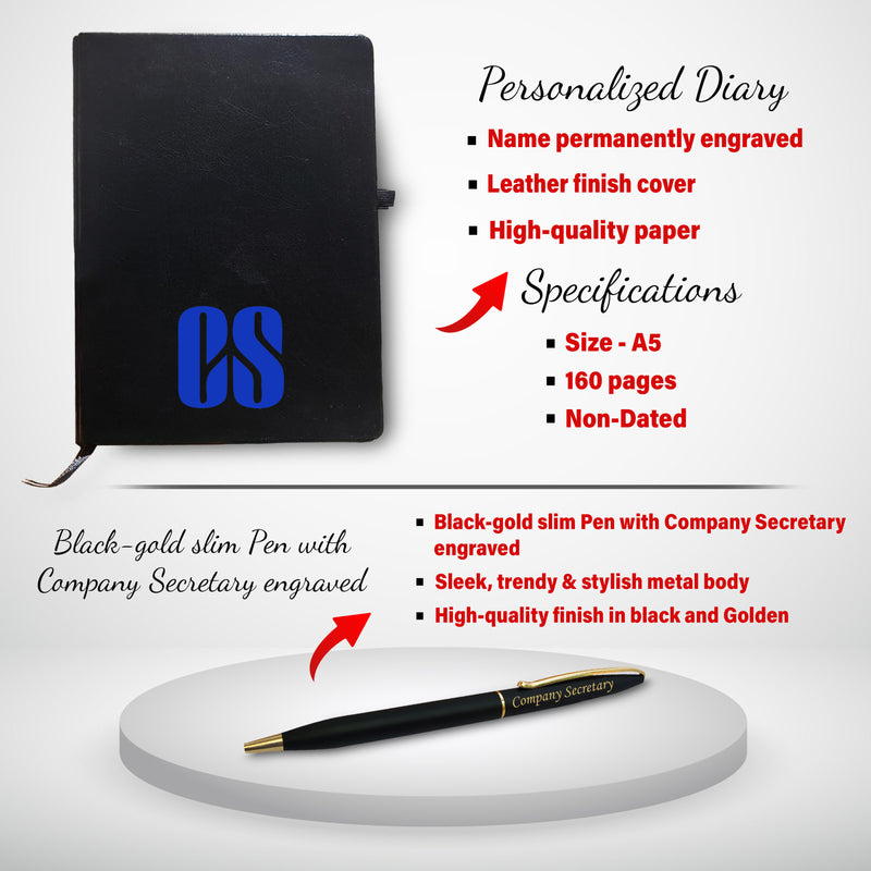 Company Secretary Gift Set – Premium Pen, A5 CS Logo Diary, Temperature Bottle & Smiley Keychain