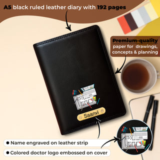 Customized Black Leather Diary with Coloured Logo Embossed & Name Engraved Pen.